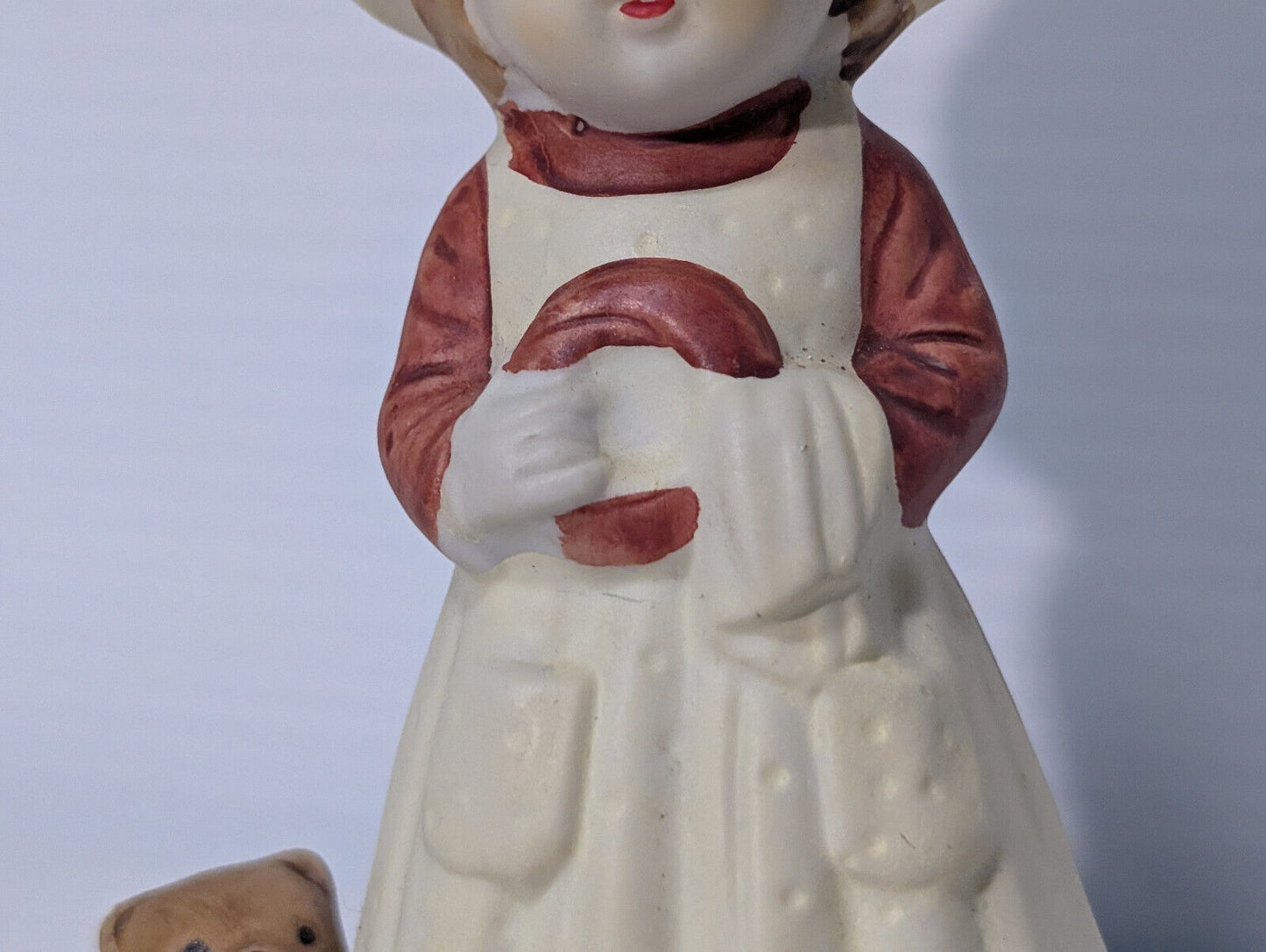 Vintage Ceramic Figurine Girl, Teddy Bear, Chores, Bonnet, Holly Hobbie, 1970s