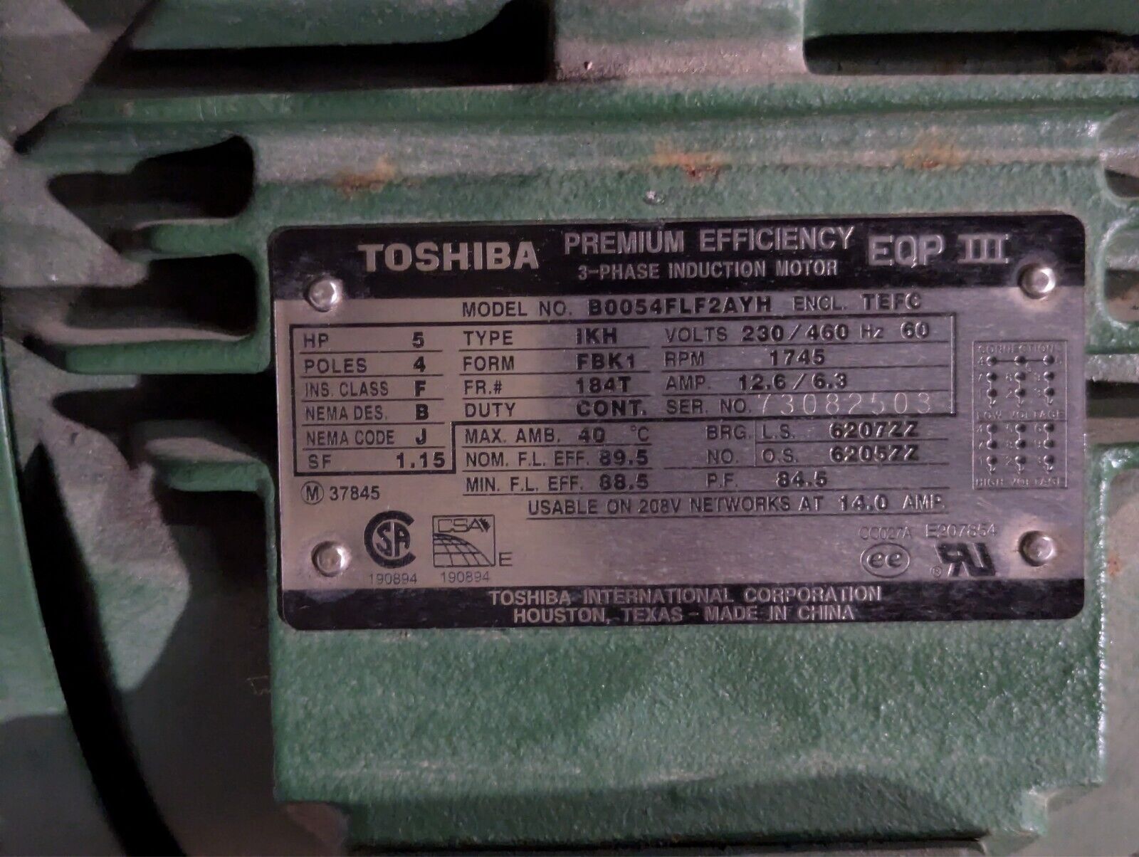 Toshiba B0054FLF2AMH03, 5 HP Motor, 1735 RPM, 230/460 V, 3 Ph, TEFC Fr, 60 Hz