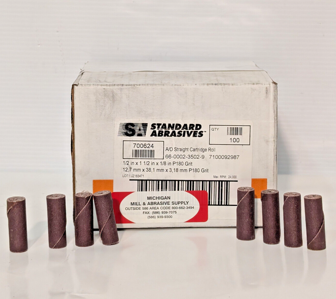 Standard Abrasives 700624 Straight Cartridge Rolls 100 Ct. 1/2"x1.5"x1/8", P180