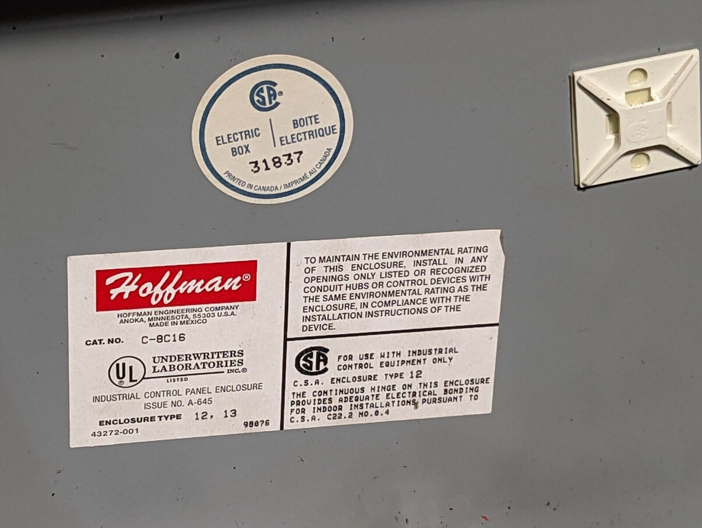 Hoffman C-8C16 industrial control panel enclosure, 10 pushbutton holes