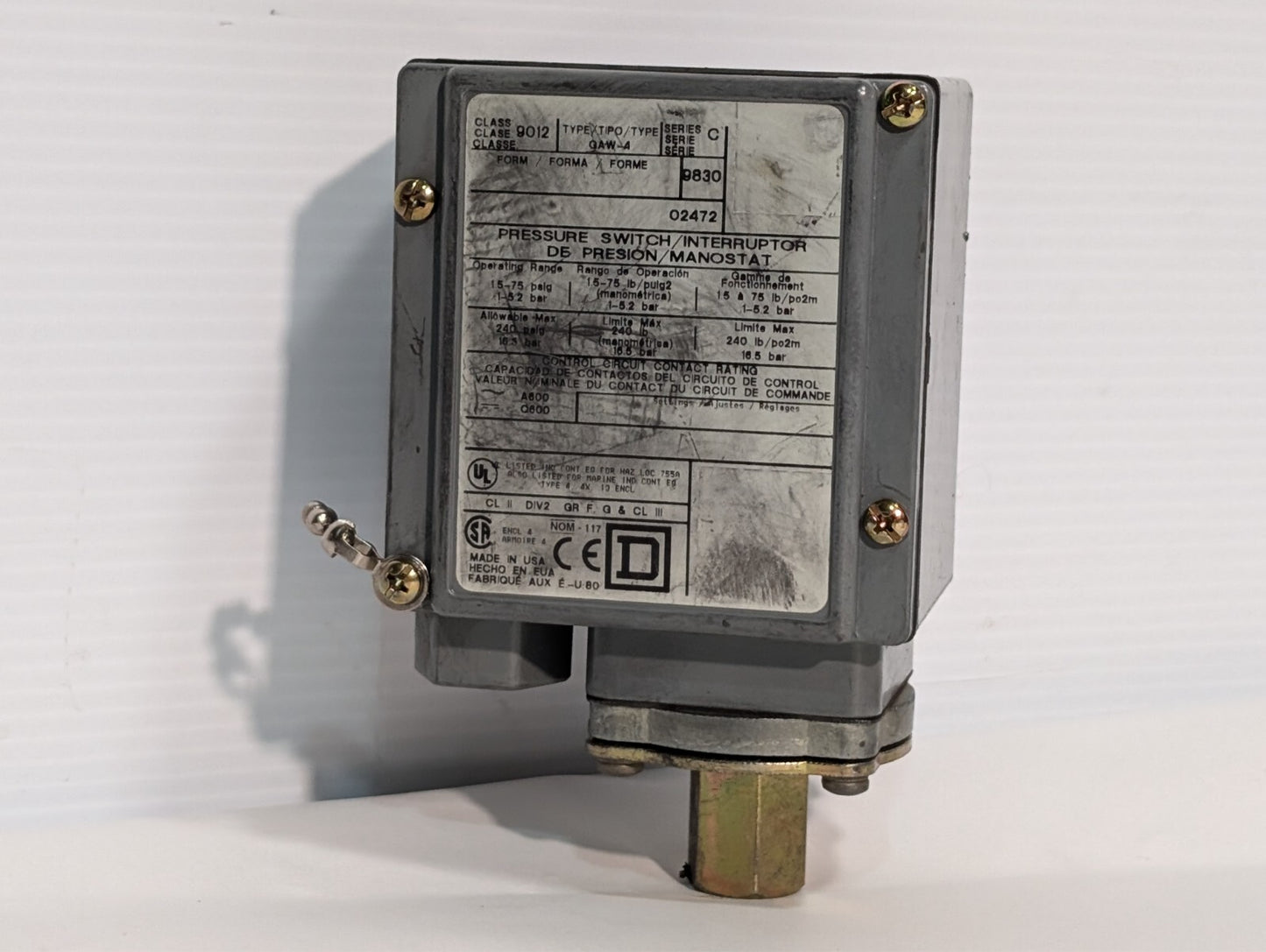 Square D 9012 GAW-4 Series C 9830 Pressure Switch 1.5-75 PSIG