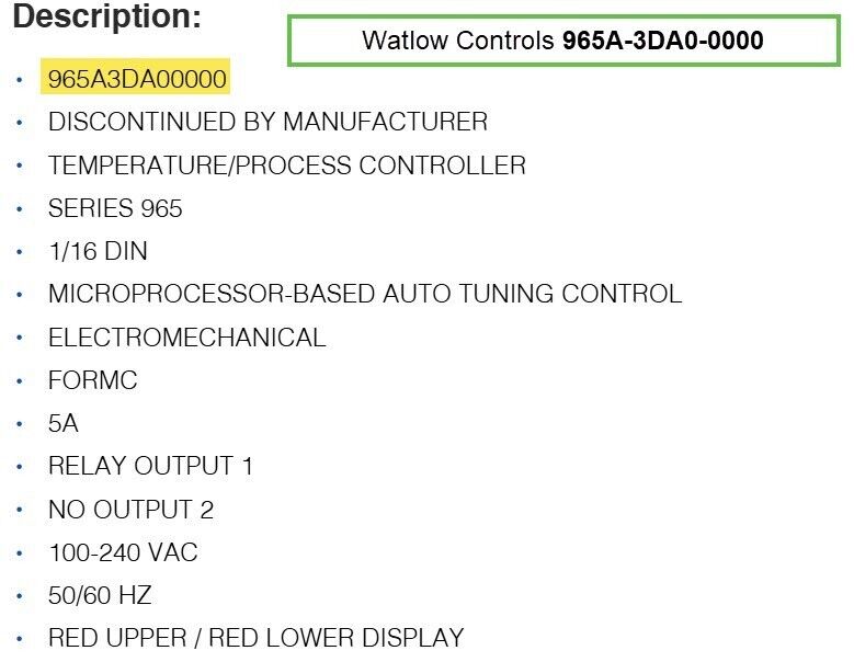 Watlow 965A-3DA0-0000 Temperature Controller, 120-240VAC, Series 965 -Free Ship