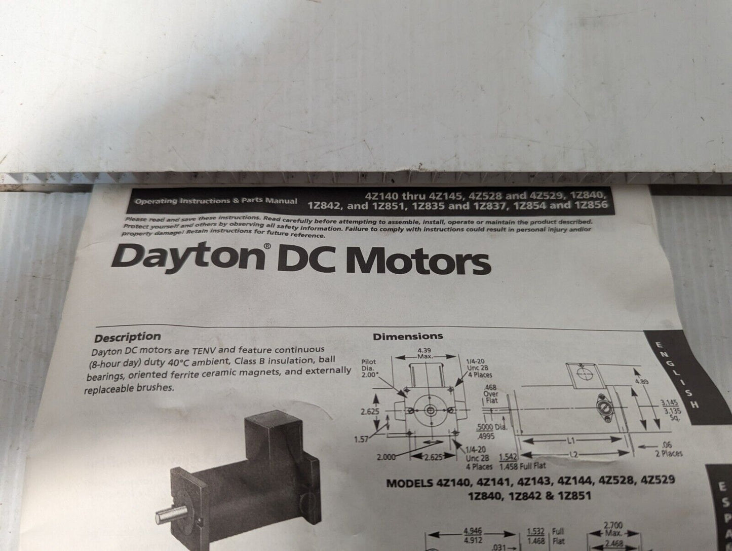 Dayton 4Z142 Permanent Magnet DC Motor, 90VDC, 0.5A, 1/27HP, 1800RPM - Free Ship
