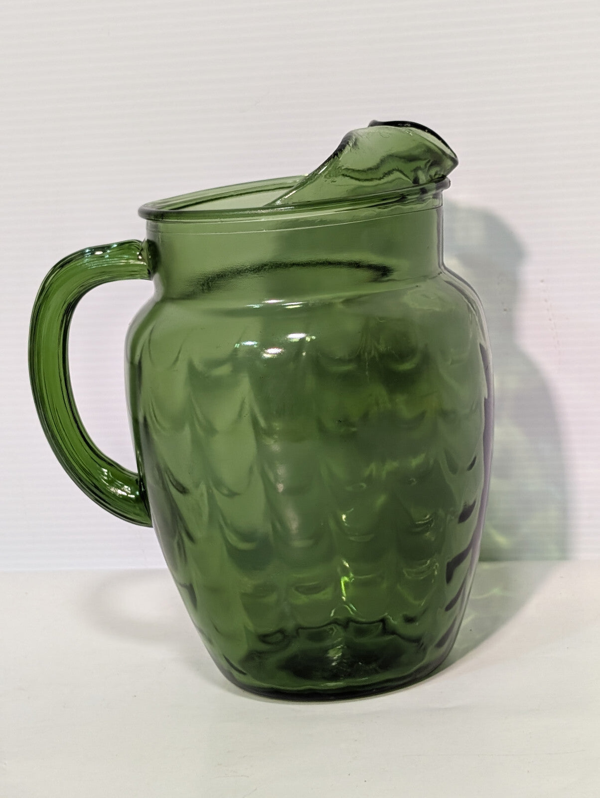 Vintage 1970s Olive Avocado Green Scale Textured Glass Water Pitcher 8" Tall