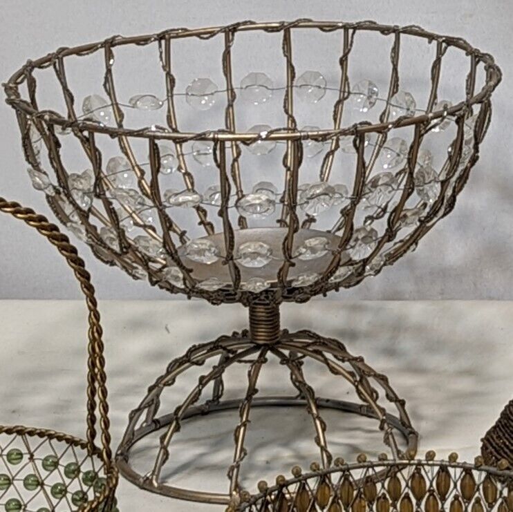 Vintage round metal basket with bead accents. Pedestal. 8.5"H x 10"(top) dia.