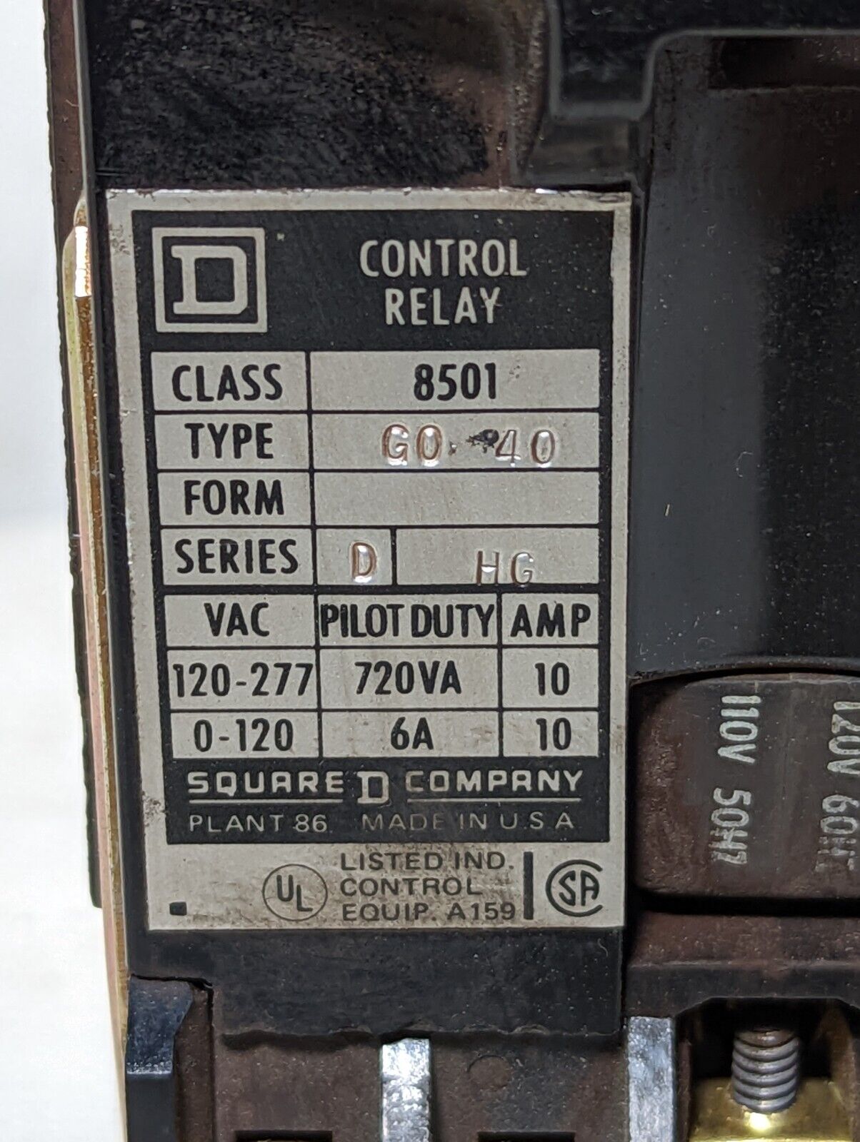 Square D 8501GO40 control relay, 110/120VAC coil, 8501G040