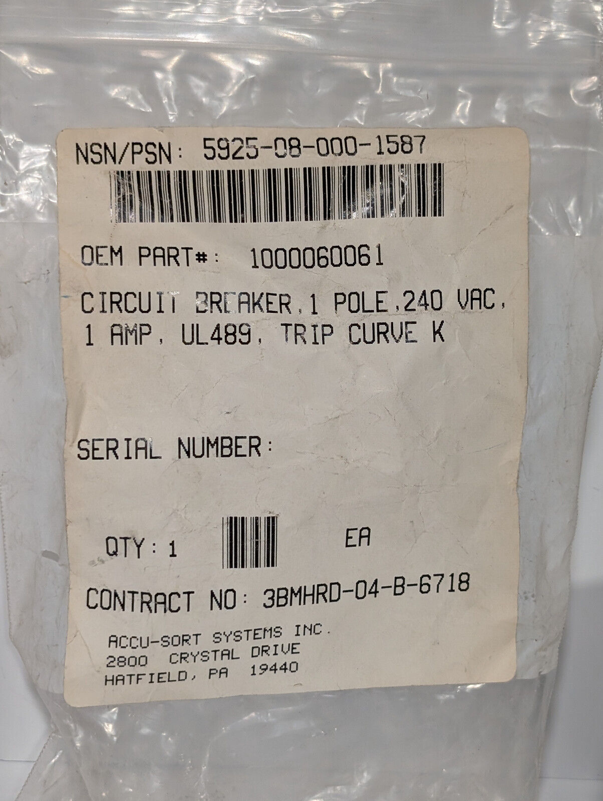 ABB S201U-K1 Circuit Breaker, 1-Pole, 240 VAC, 1 A, Trip Curve K
