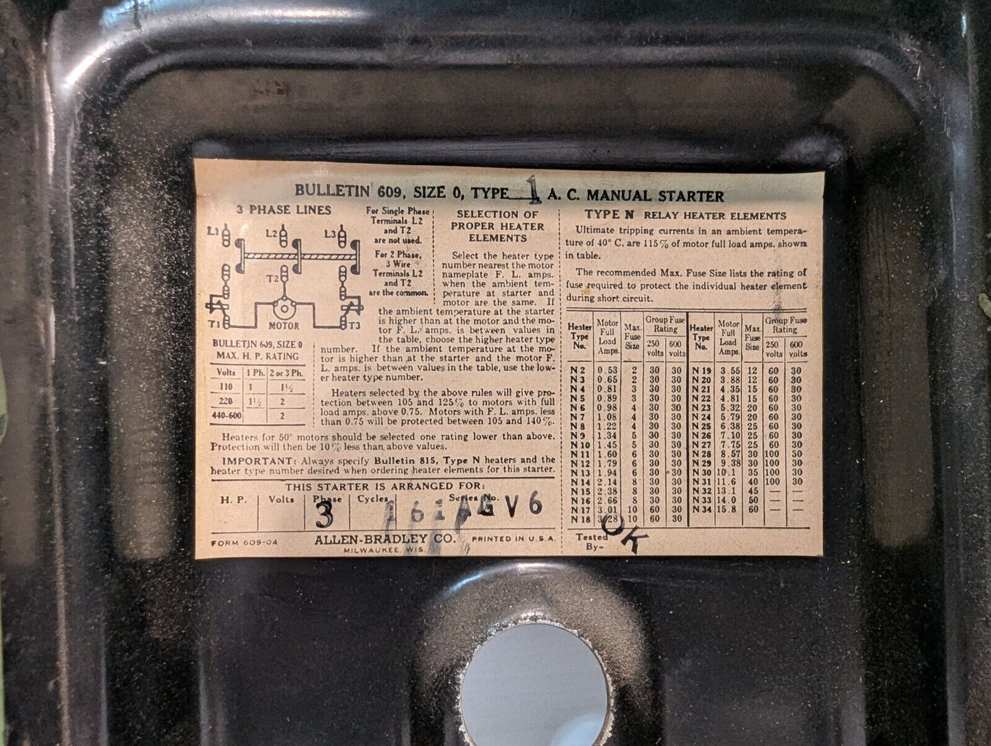 Allen Bradley 609 Manual Starter, 3 Phase, Type 1 A.C., 61AGV6 Ser-Free Shipping