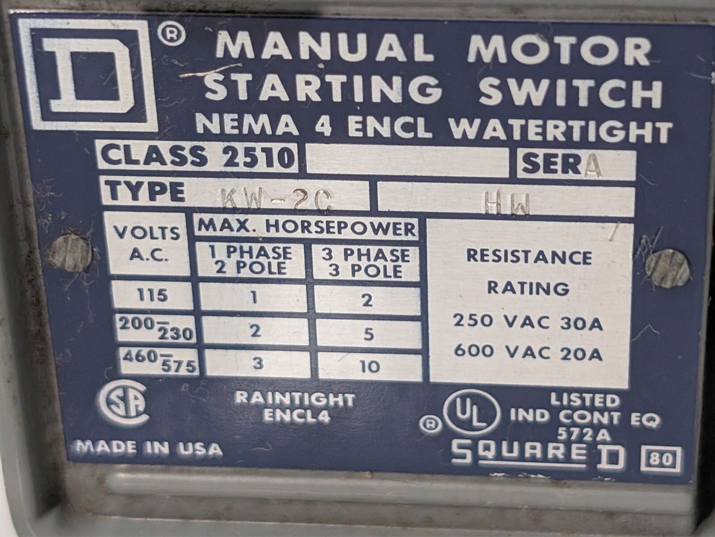 Square D 2510 KW-2C HW MANUAL MOTOR STARTING SWITCH 600 V 30 A 10 HP