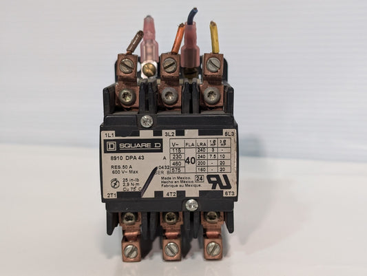 Square D 8910DPA43 Definite Purpose Contactor 50A Res, 40A, 3 Pole, Box Lug Term