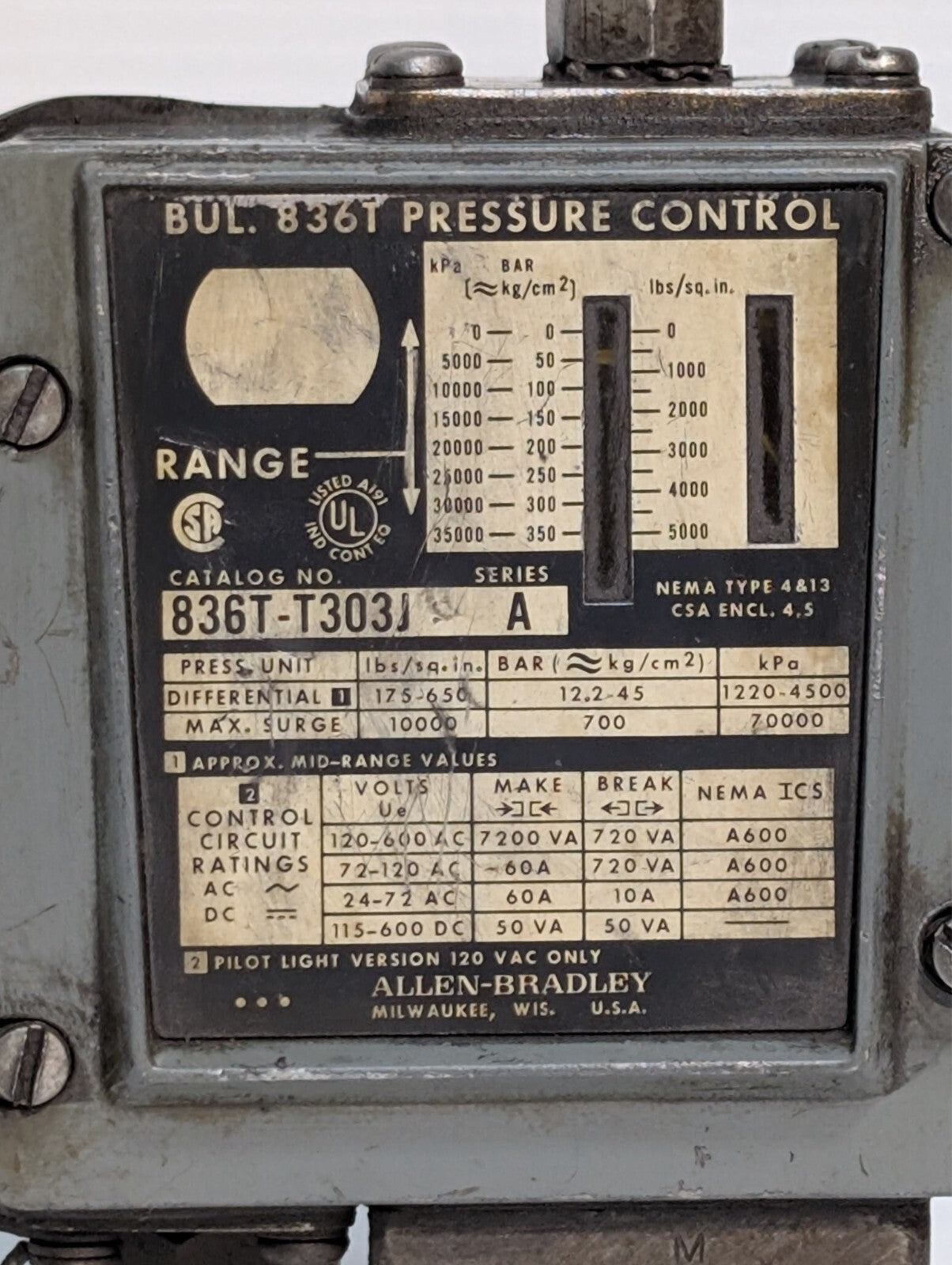 Allen Bradley 836T-T303J Series A Pressure Control Switch 175-650PSI Pilot Light