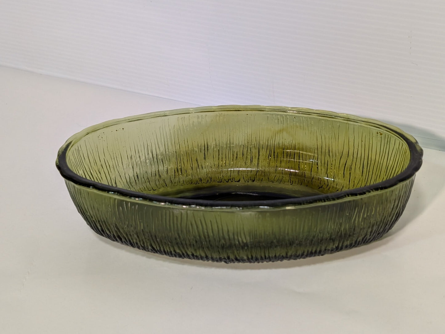 Vintage FTD 1975 Olive Green Oval Glass Dish With Bark Texture 9" Length