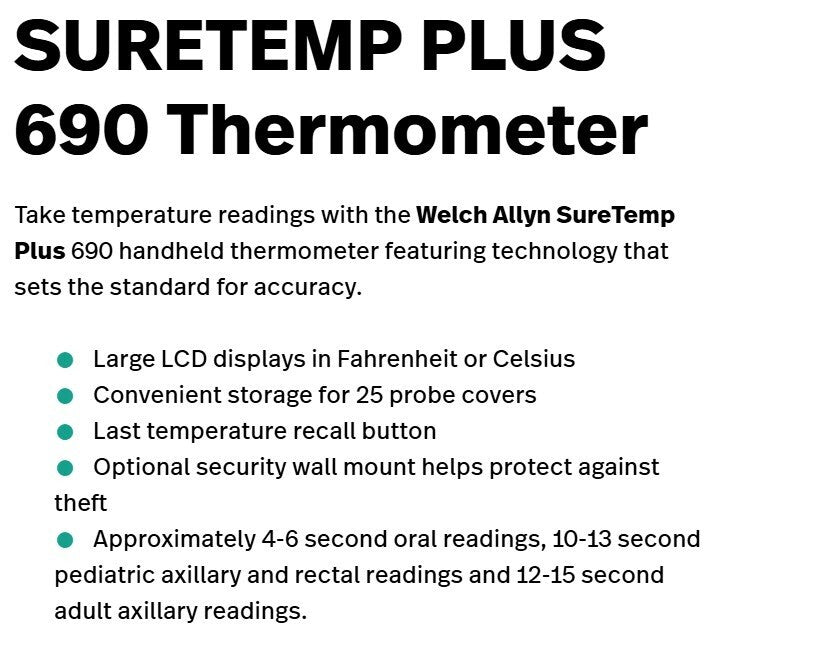 Welch Allyn Digital Thermometer SureTemp Plus 690 with Probe + Probe Covers