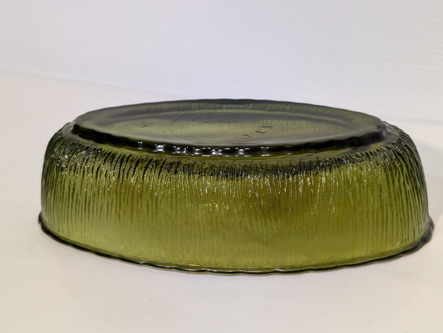 Vintage FTD 1975 Olive Green Oval Glass Dish With Bark Texture 9" Length