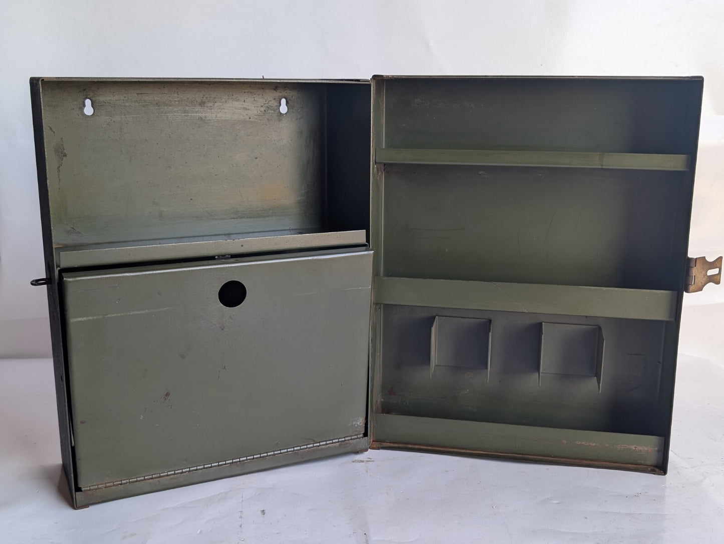 Vintage Metal Cabinet Storage Box with Flap Fold-out, Latch, Shelving