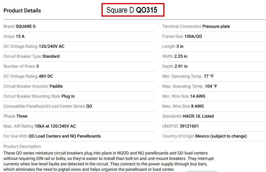 Square D QO315 Molded Case Circuit Breaker, 15A, 240V, 3-Pole, 3-Phase, Plug-In