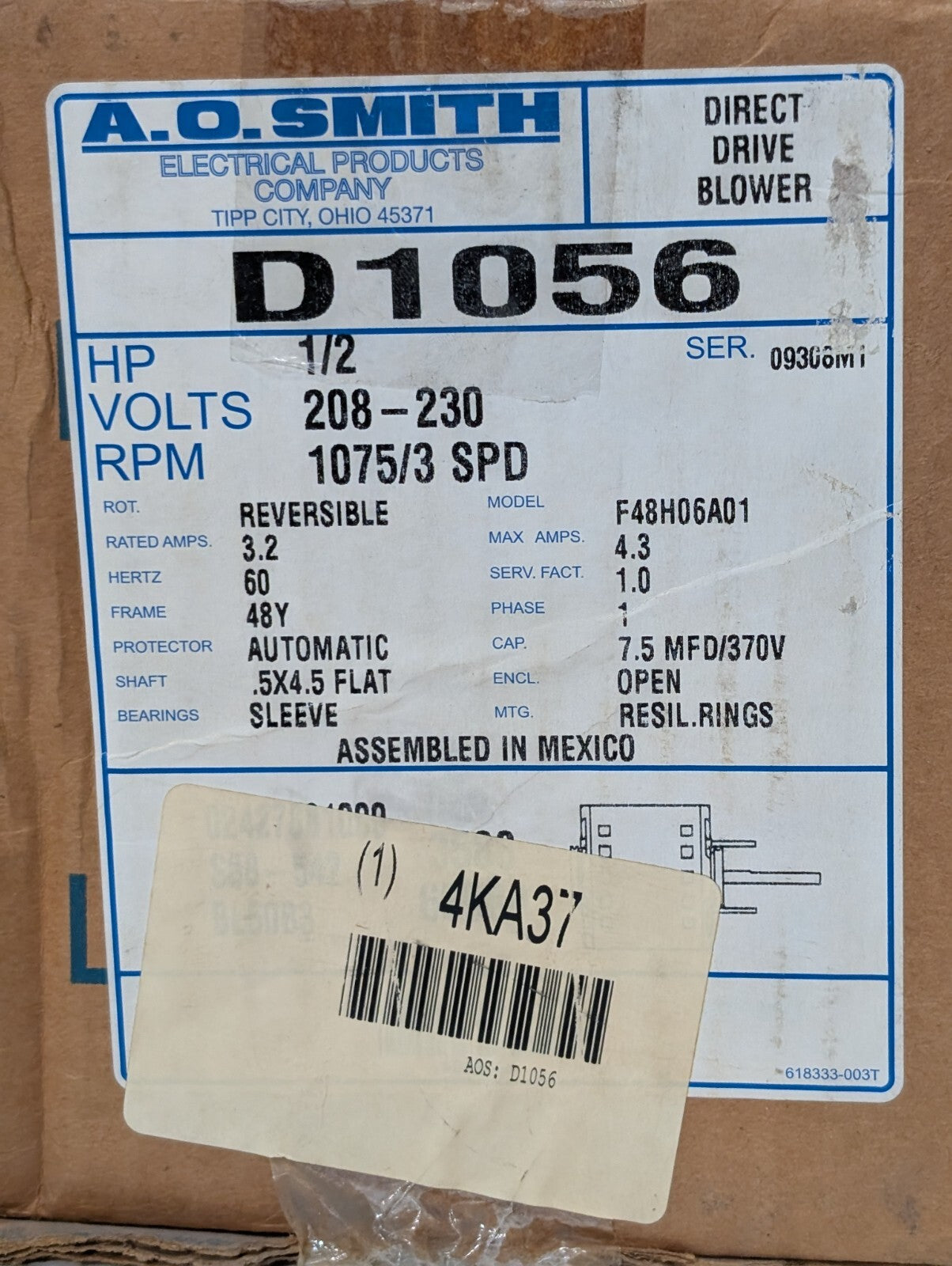 A.O. Smith D1056 Indoor Blower Motor 1/2HP 1075RPM 3 Speed Reversible 208-230V