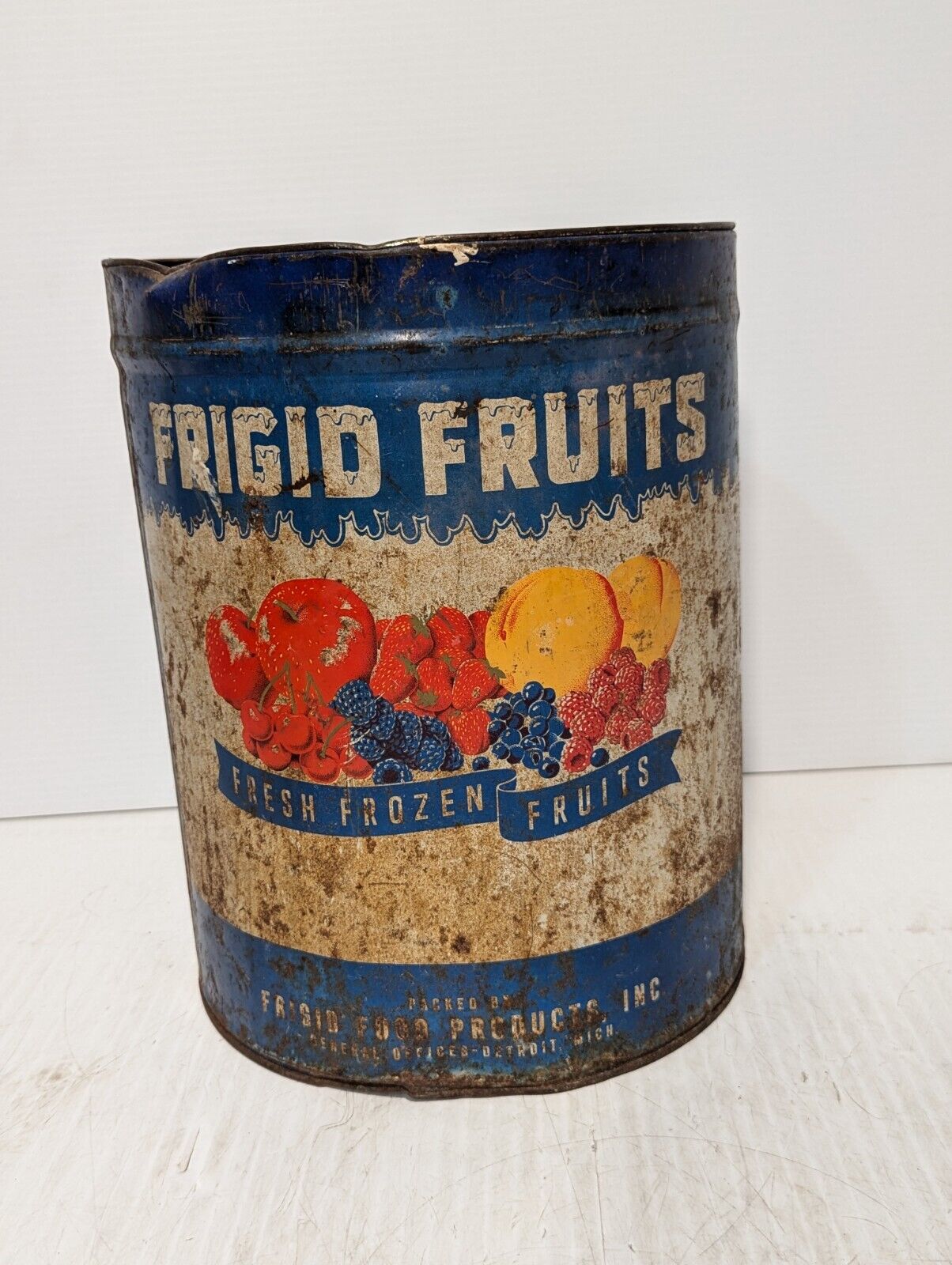 Frigid Fruits Large 10 Pound Tin, Vintage Canning Tin, Michigan - Free Shipping