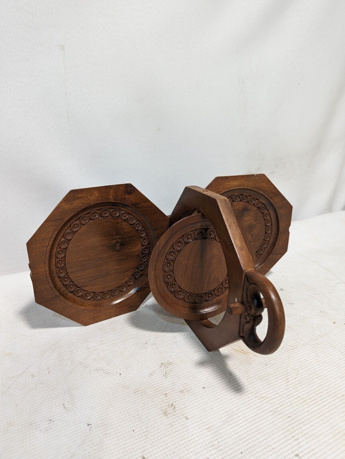 Vintage folding hand-carved 3-tier server, 11 inches x 7 inches