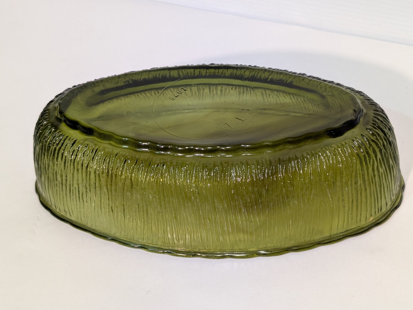 Vintage FTD 1975 Olive Green Oval Glass Dish With Bark Texture 9" Length