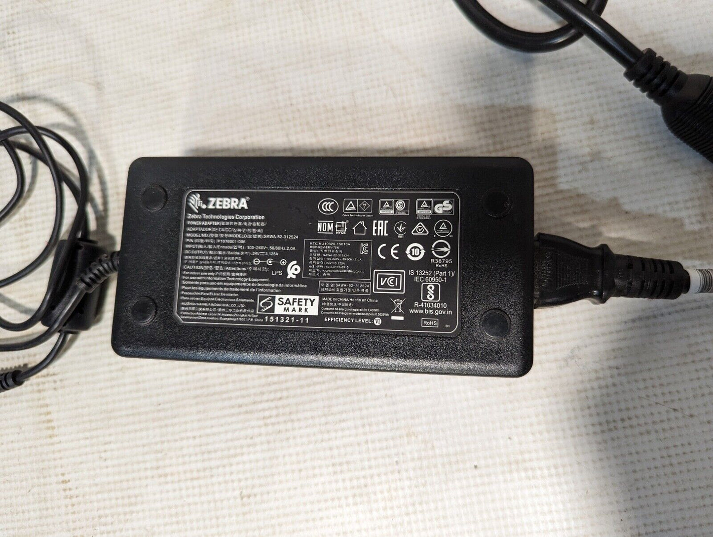 Zebra SAWA-52-312524 Power Adapter input 100-240v 50/60Hz DC output 24v 3, 125A