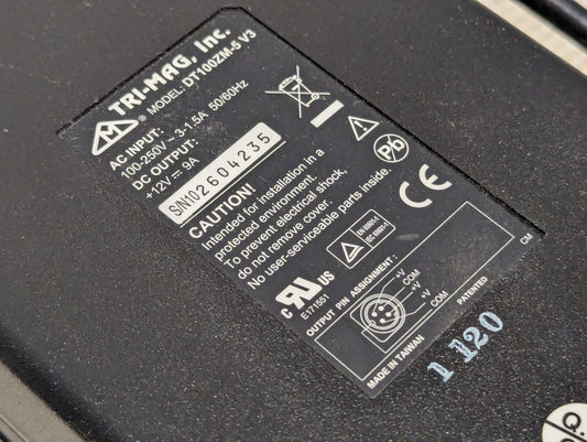 Tri-Mag DT100ZM-5 V3 Power Supply, 100-250VAC, 3-15.A, 50/60Hz: 12VDC, 9A
