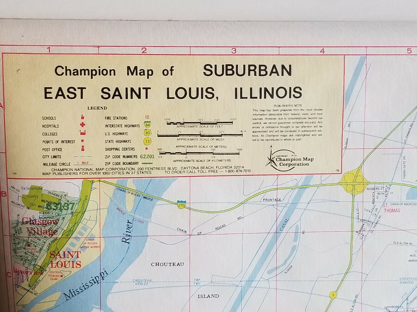 Suburban East St Louis historical pull down map by Champion, vintage
