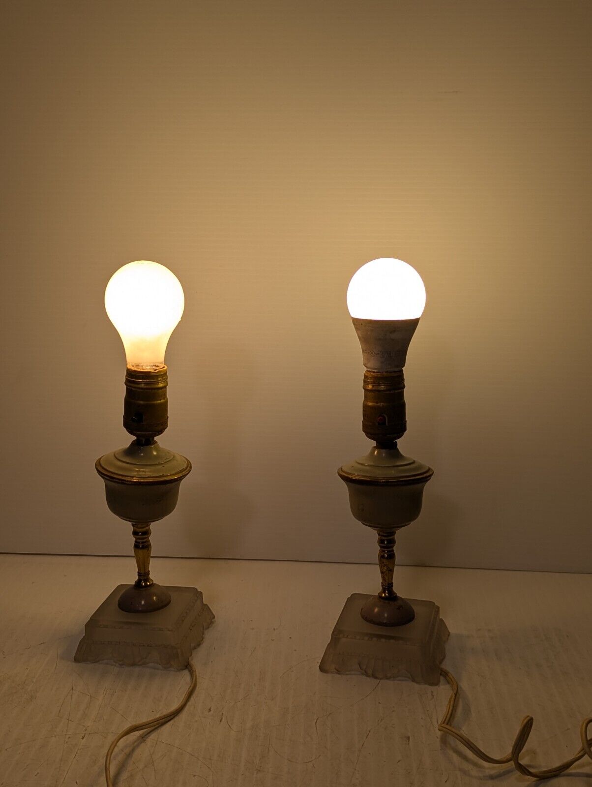 Vintage Brass Table Lamp Pair, Chaliced Shaped, Clearish Base, Ornate -Free Ship