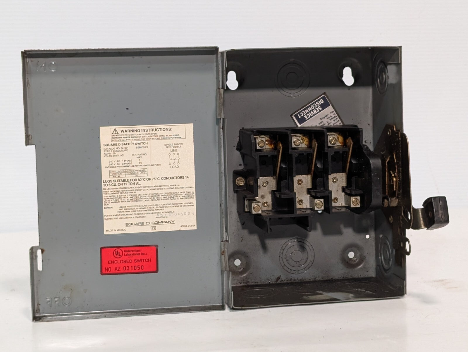 Square D DU321 Safety Switch: Non-Fusible, 30a, 240vac, 3Ph, Galvanized Steel