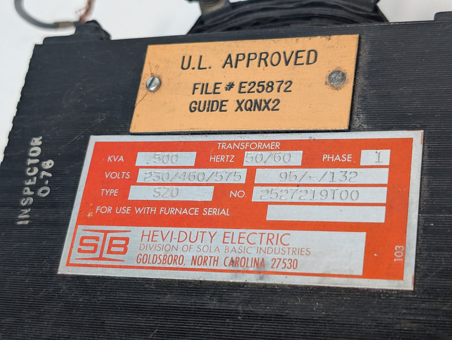 Sola Basic Ind. Hevi-Duty Electric Type SZ0 Transformer, .500KVA, 1PH, 50/60Hz