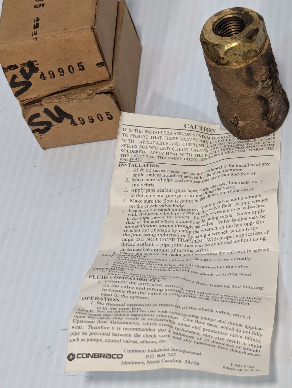 Sullair 49905 replacement check valve from Conbraco, 125S, 400 WOG-Free Shipping