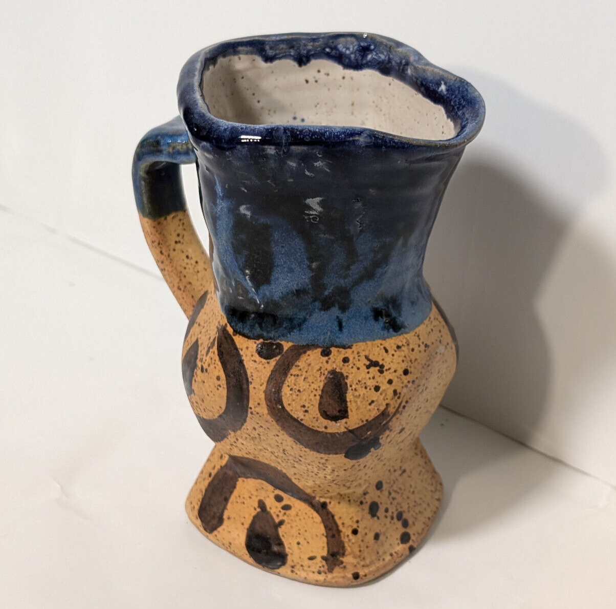 Vintage Blue Brown Glaze Artisan, Folk Art, Handmade, Pottery Mug, Vase, Planter
