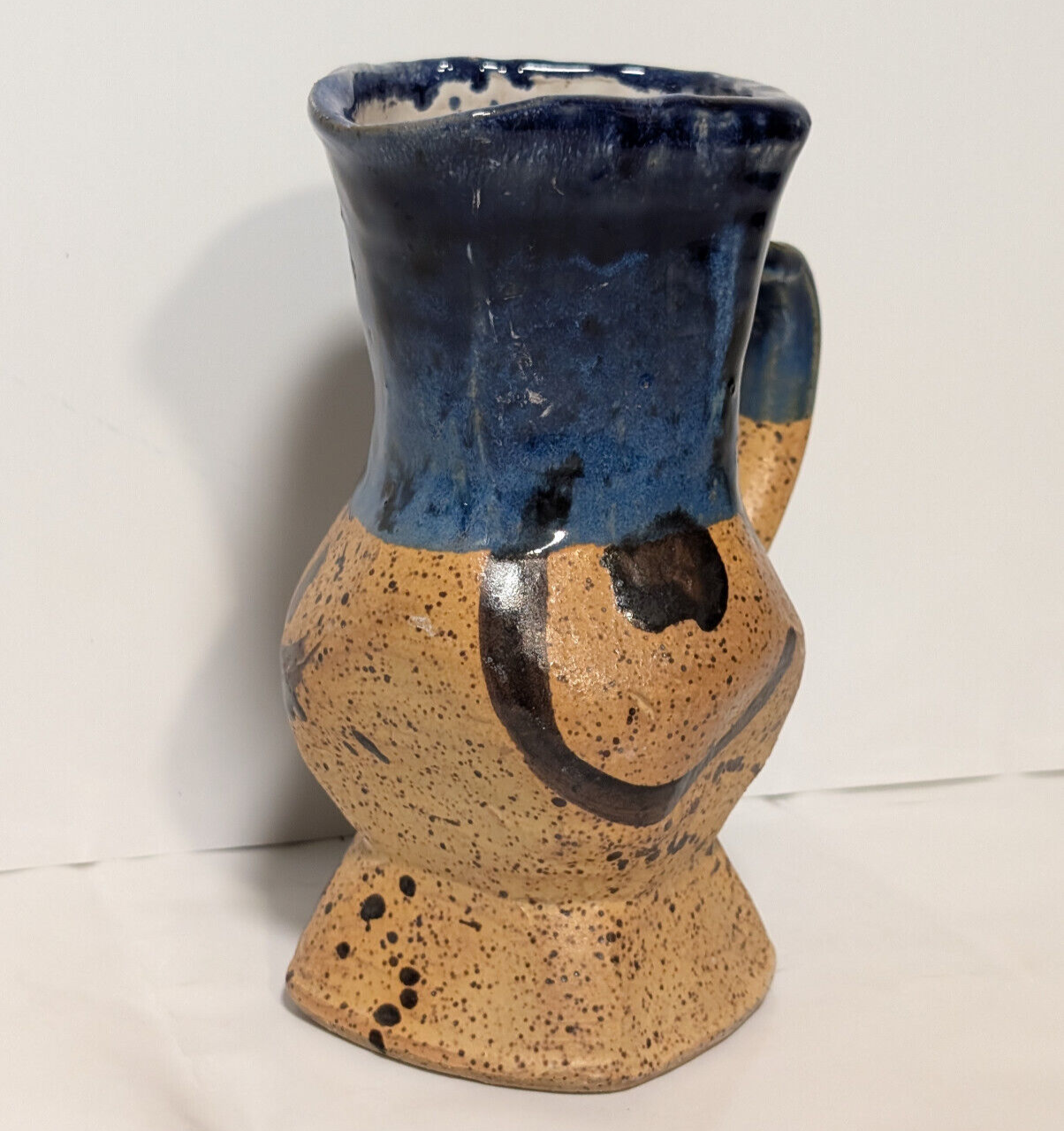 Vintage Blue Brown Glaze Artisan, Folk Art, Handmade, Pottery Mug, Vase, Planter