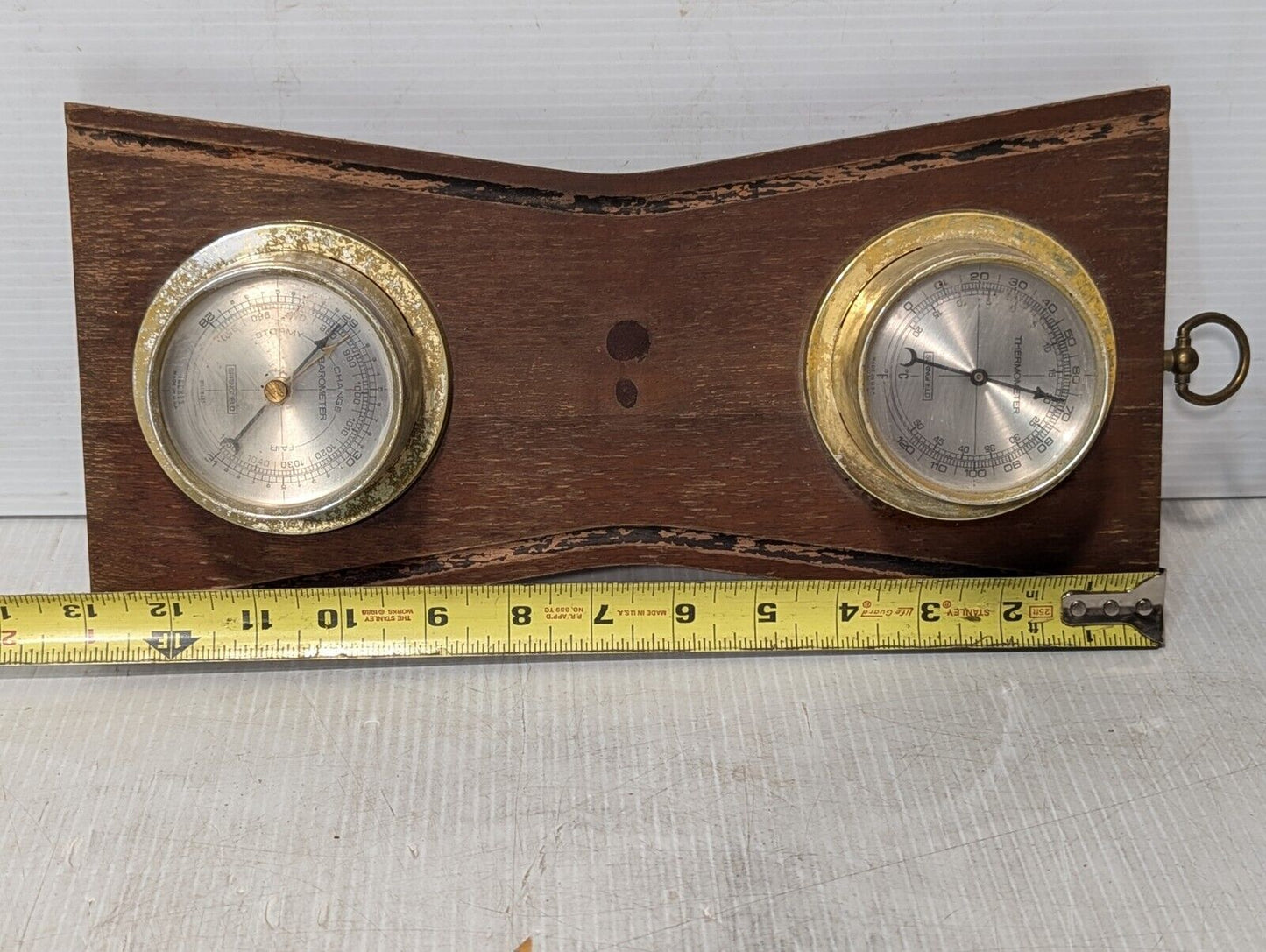 Vintage Springfield Thermometer / Barometer mounted on weathered wood- Free Ship