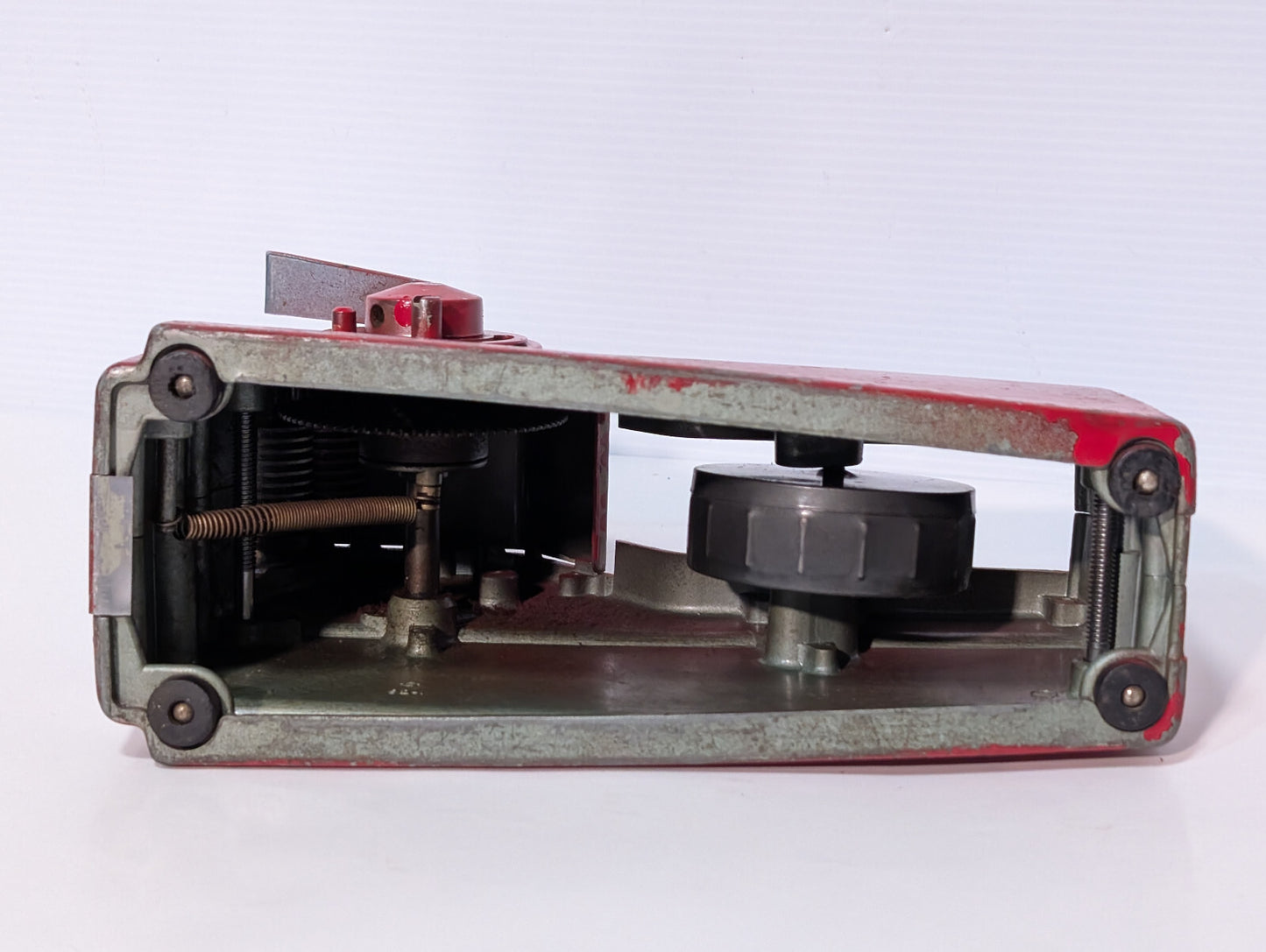 Vintage 1950s Red Cast Iron Industrial Toothed Grip Wheel Tape Dispenser Tool
