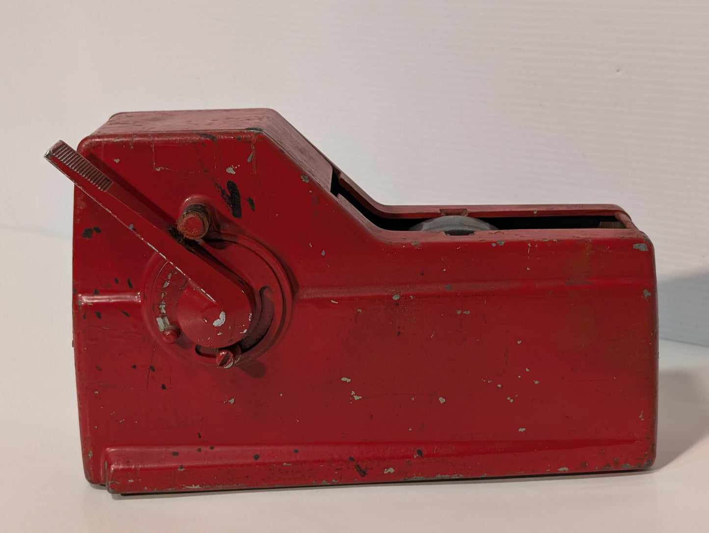 Vintage 1950s Red Cast Iron Industrial Toothed Grip Wheel Tape Dispenser Tool