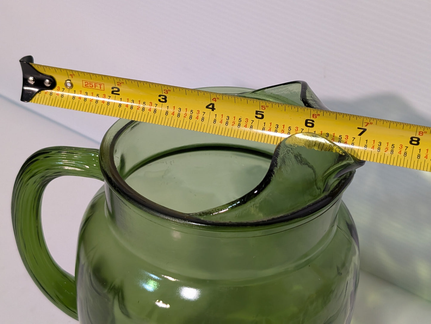 Vintage 1970s Olive Avocado Green Scale Textured Glass Water Pitcher 8" Tall