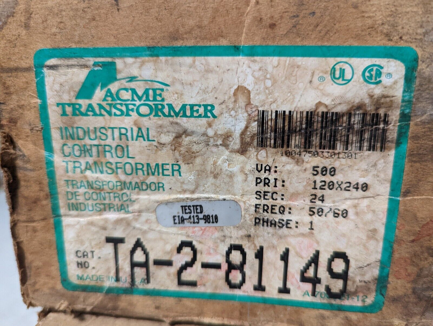 Acme TA2-81149 transformer, 0.5kVA, Primary 120x240, Secondary 24, 50/60Hz, 1 ph