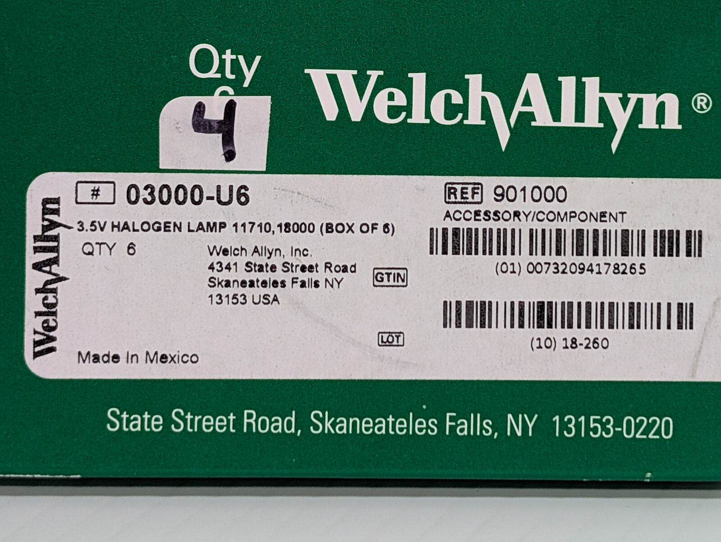4-Pack Welch Allyn 03000-U6 3.5V Ophthalmoscope Halogen Lamp Bulbs, 901000