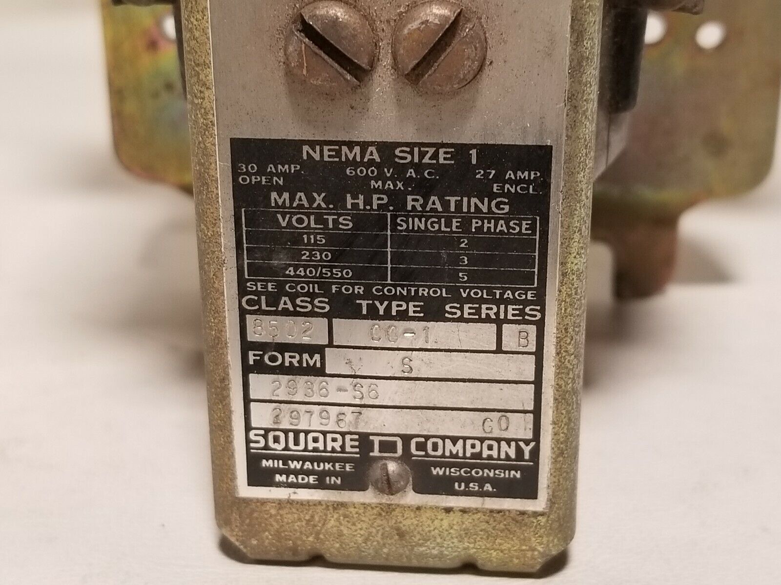 Square D 8502CC-1B contactor, 100VAC, 110/115VAC coil, NEMA size 1, max HP 2
