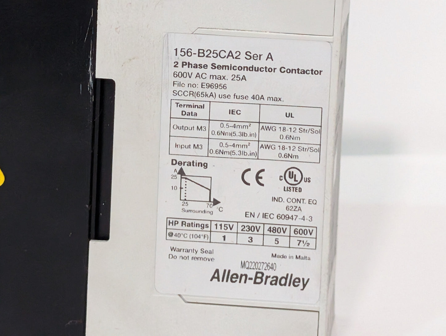 Allen Bradley 156-B25CA2 Ser A 2-Phase Semiconductor Contactor 600VAC 25A