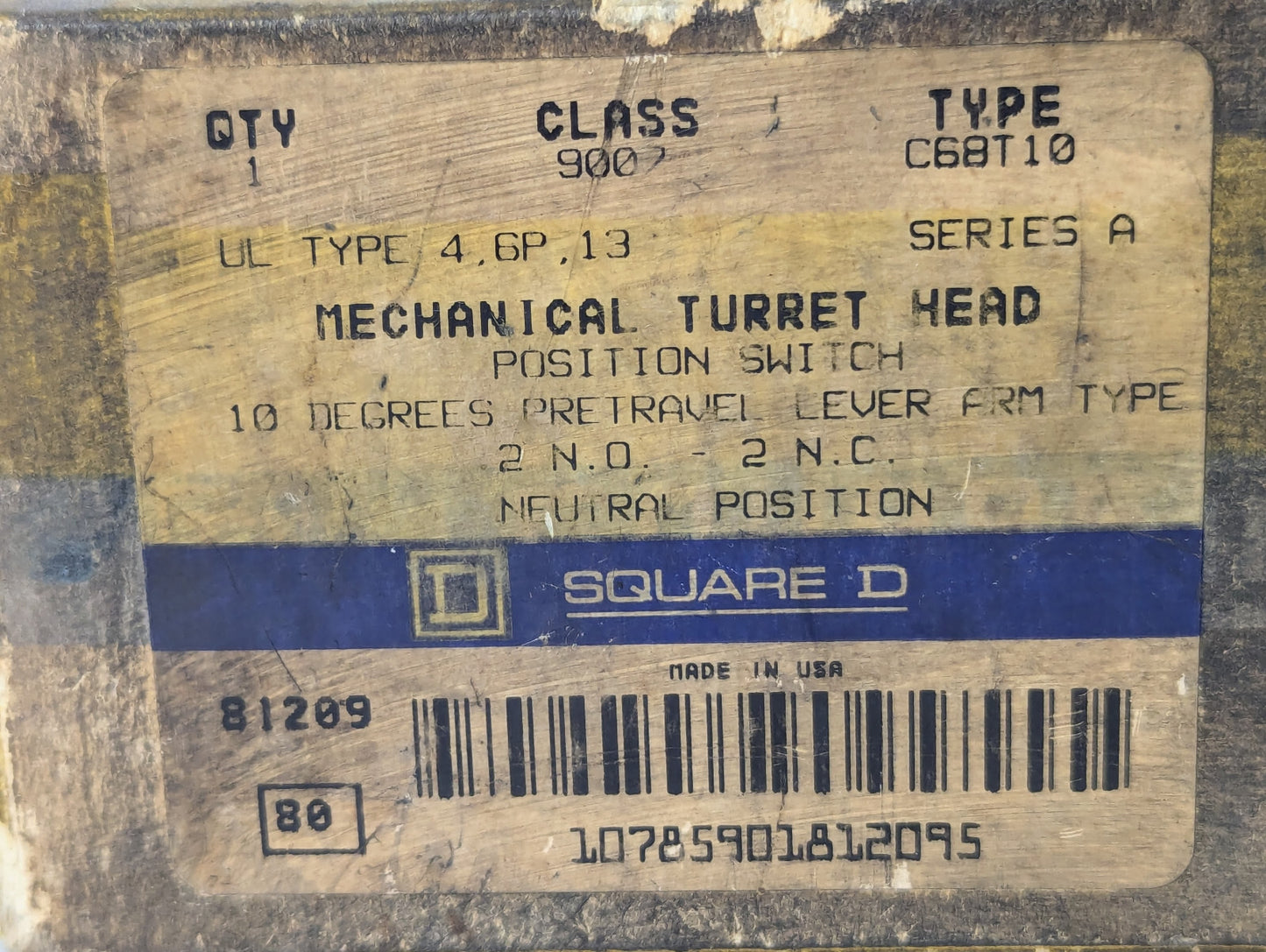 Square D 9007-C68T10 Mechanical Turret Head Position Switch, 10° Pre-travel Arm