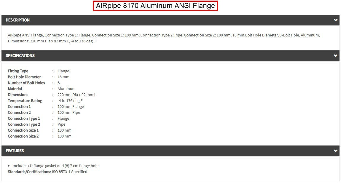 AIRpipe 8170 Aluminum Flange Kit, 100mm (4") ANSI Flange to 100mm (4") Pipe