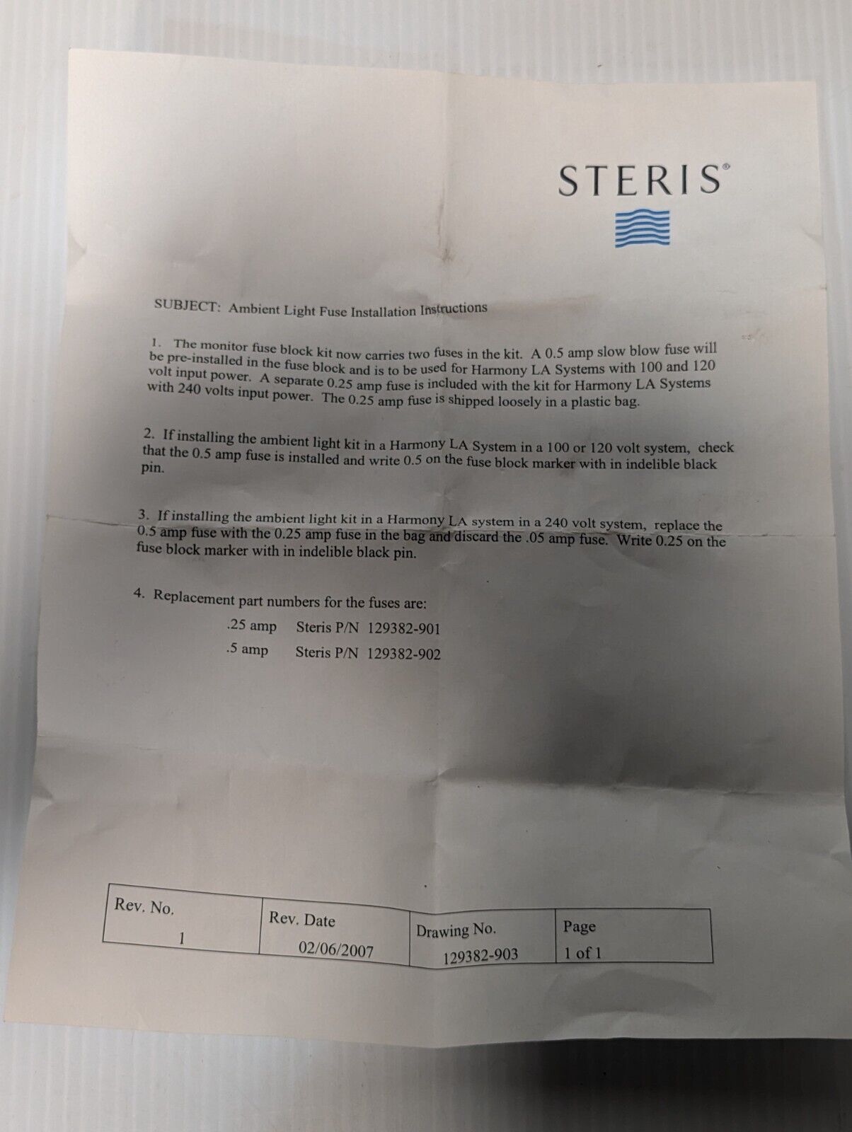 Steris Ambient Light Fuses 129382-901 (.25 amp) 129382-902 (.5 amp) - Free Ship