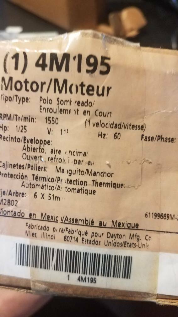Dayton 4M195, 1/25 HP, HVAC Motor, Shaded Pole, 1550 Nameplate RPM, 115VAC