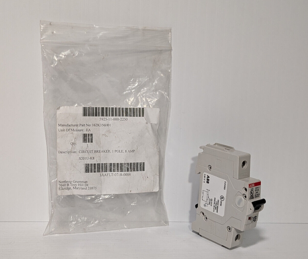 ABB S201U-K8 Circuit Breaker, 162K356H01 8 A, 240 VAC, 50/60 Hz, 1-Pole
