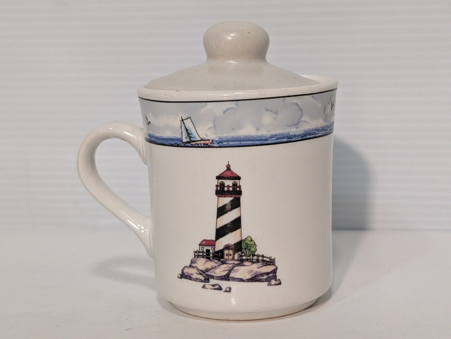 Vintage Lighthouse Maritime Sailboats Ceramic Stonewear Lidded Tea Coffee Mug