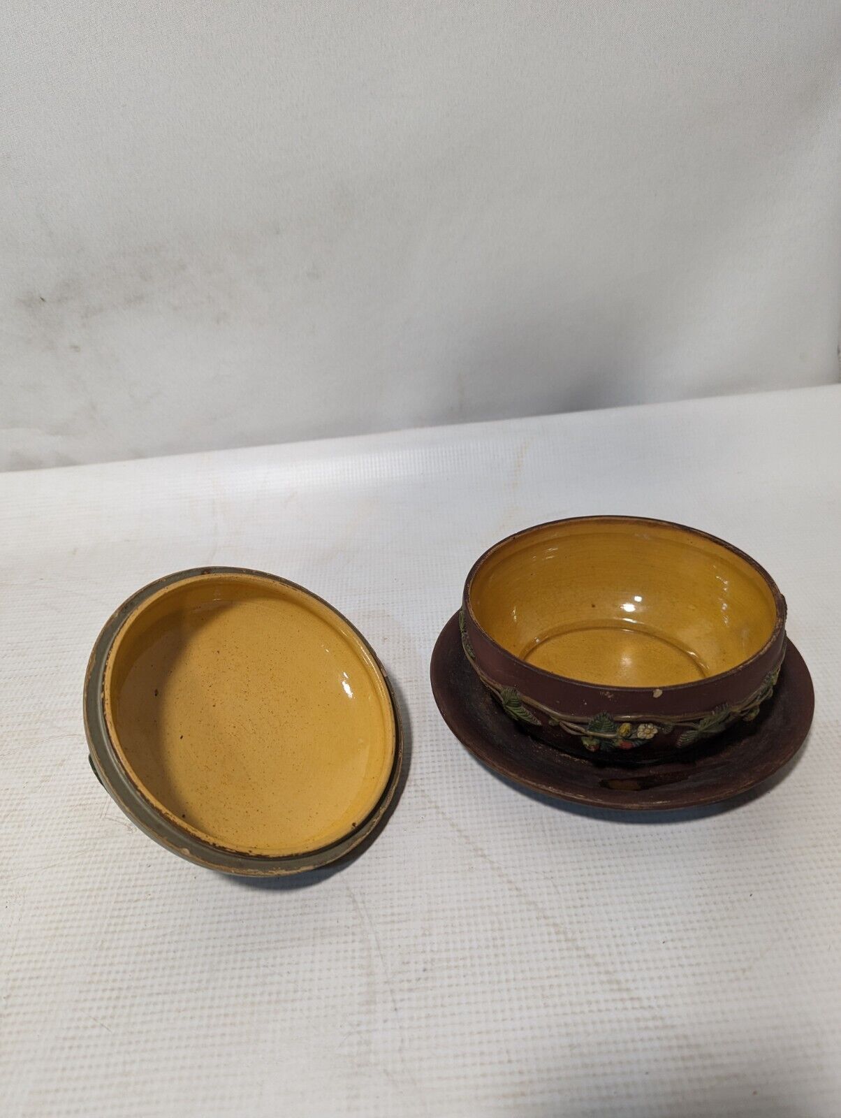 Vintage Floral Ceramic Pot and Saucer - Fruit Tree Cover and Wrapping Vine 5.5"