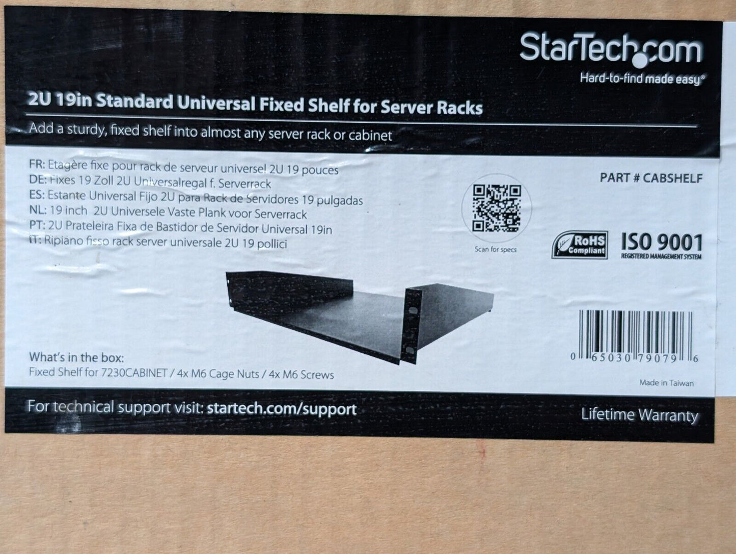 StarTech.com CABSHELF 2U Standard Universal Fixed Shelf for Server Racks, 19"