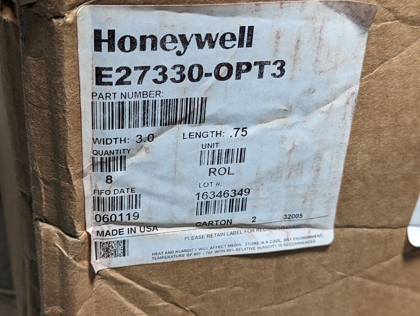 15 rolls of Honeywell E27330-OPT3 stickers, 3 in width, 0.75 in length, purple